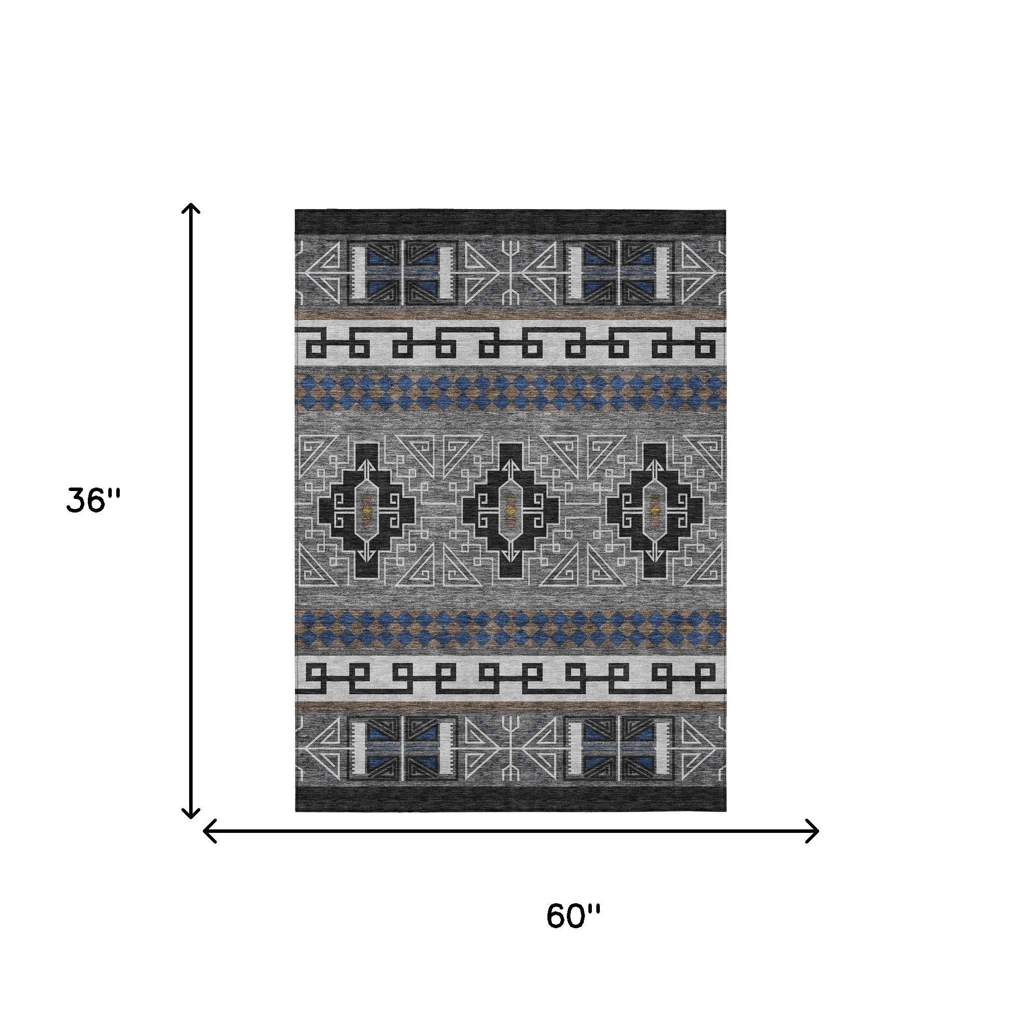 3' X 5' Black And Copper Tribal Washable Indoor Outdoor Area Rug - Sports & Outdoor