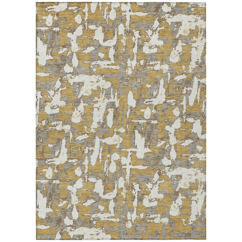 Gold and ivory abstract area rug with distressed brushstroke pattern, rectangular