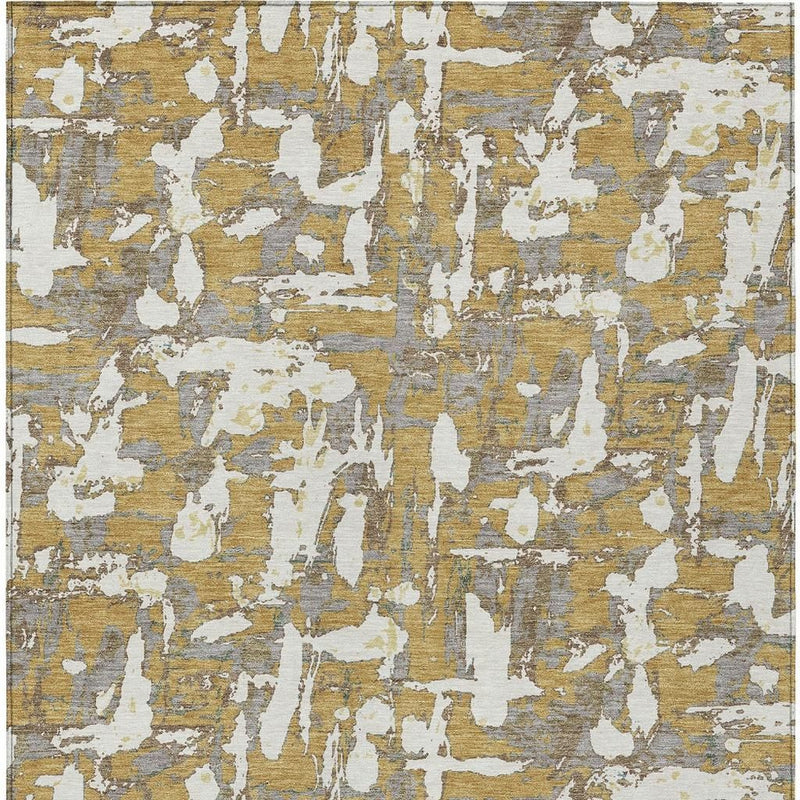 Gold, ivory, and light gray abstract distressed area rug with painterly motif