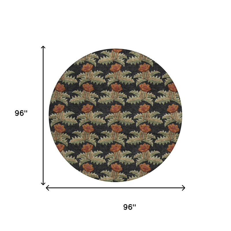 Round area rug with black base and brown-orange floral motif, 96 in diameter shown