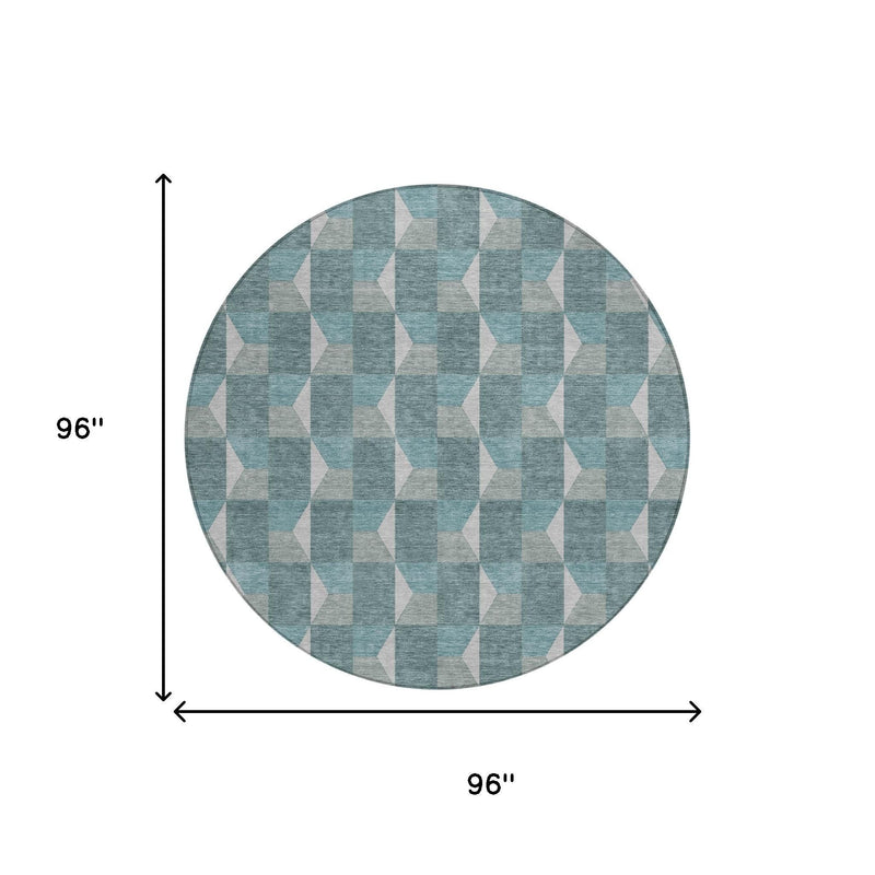 Round area rug dimensions: 96" by 96" with teal and gray geometric pattern