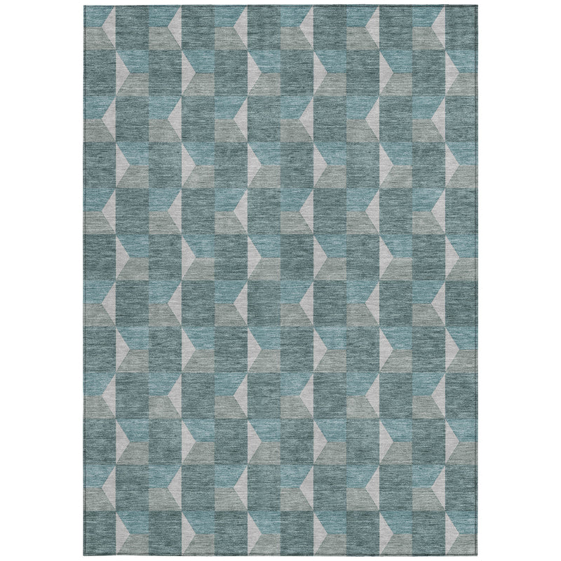 Teal and gray geometric area rug with vertical repeating cube shapes, flat weave