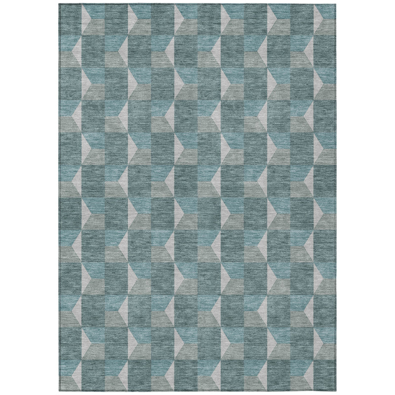 Teal and gray geometric area rug, full pattern with repeating cube and block shapes