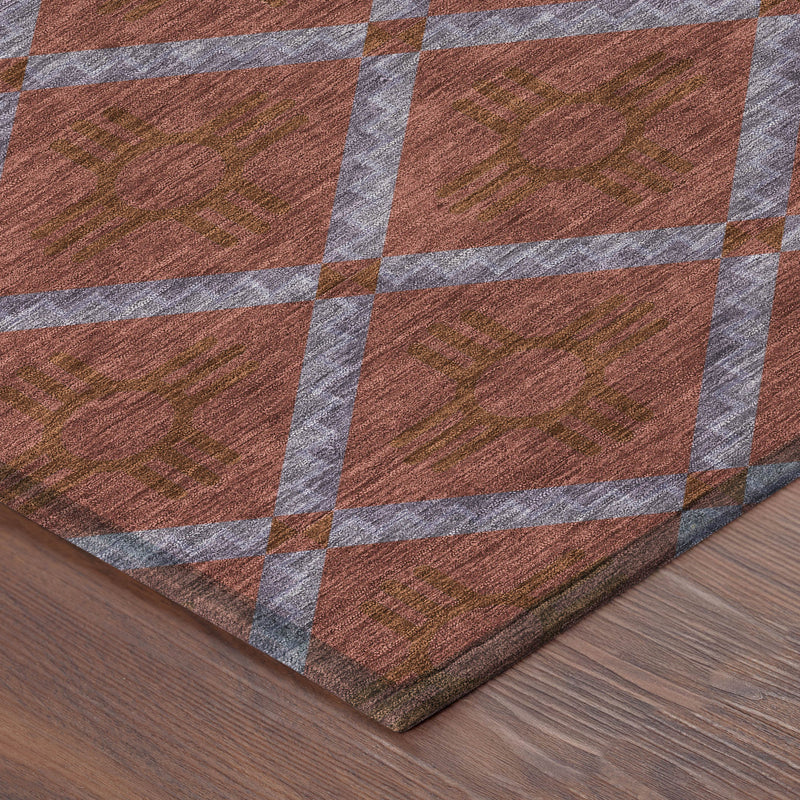 Geometric indoor outdoor area rug, maroon diamonds with light gray cross-grid