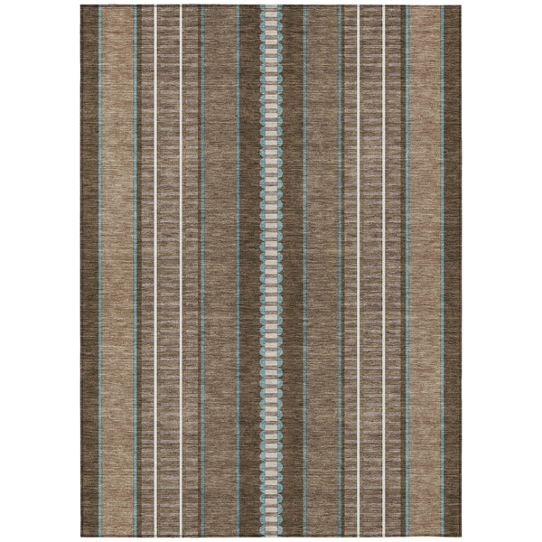 8x10 striped area rug with brown, tan, teal, and white vertical bands