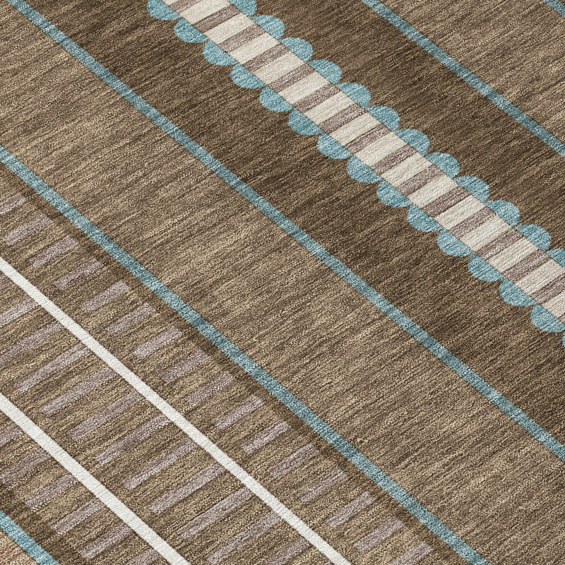 Striped area rug diagonal view with teal border and white line stripe