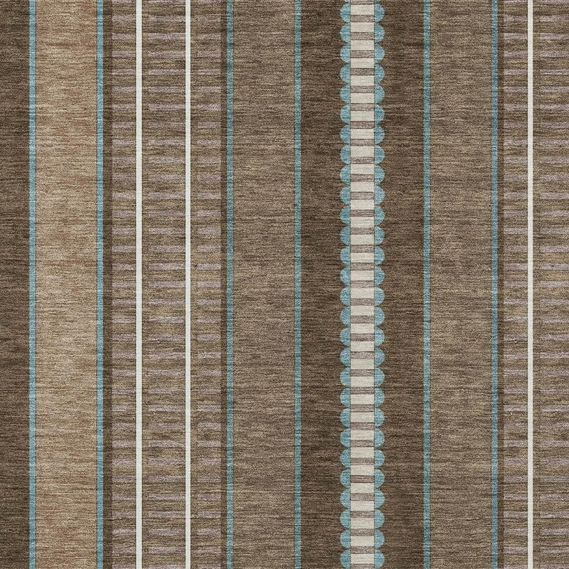 Striped area rug with brown, tan, teal, and white vertical lines