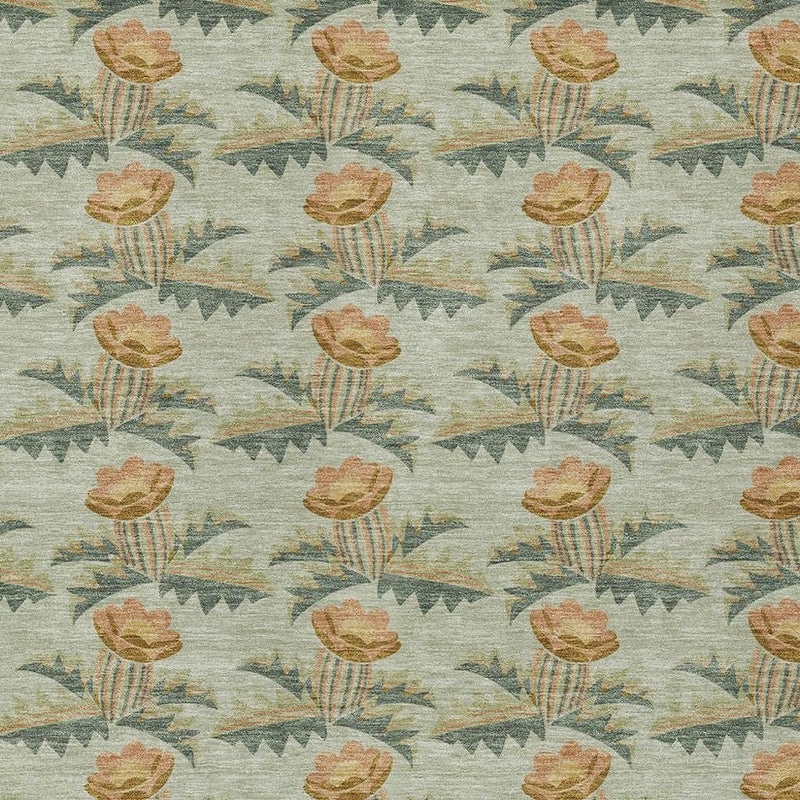 Floral area rug pattern view with repeating tulip motifs on light sage fabric