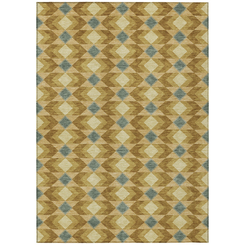 Geometric area rug with diamond lattice pattern in tan, cream, and teal