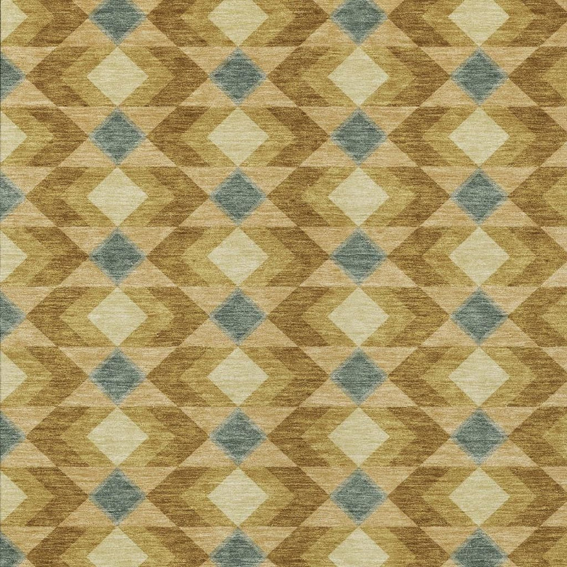 Geometric area rug with repeating tan and teal diamond pattern