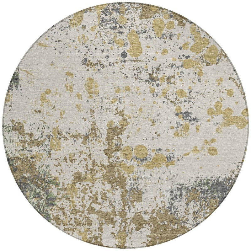 Round abstract rug with ivory background and mottled tan, olive, and blue-gray texture
