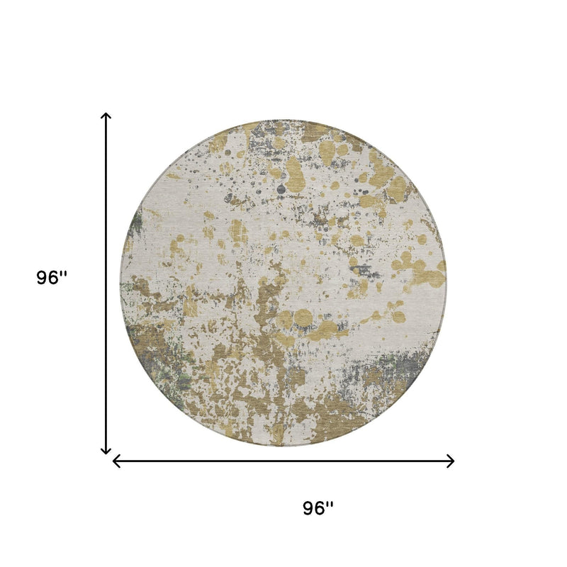 Round washable area rug, 96-inch size, abstract distressed pattern in ivory and muted olive