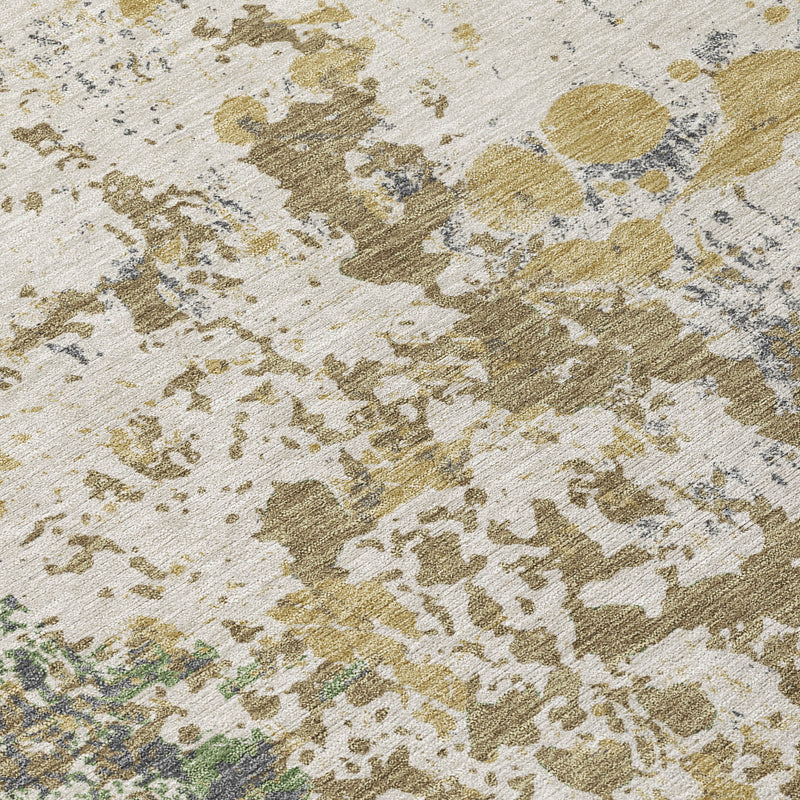 Close-up of rug texture with ivory base and scattered tan, olive, and blue-gray flecks