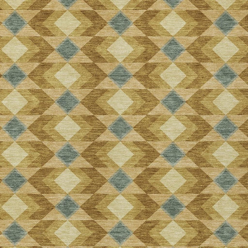 Tan, cream, and blue geometric area rug with repeating diamond and chevron motifs.