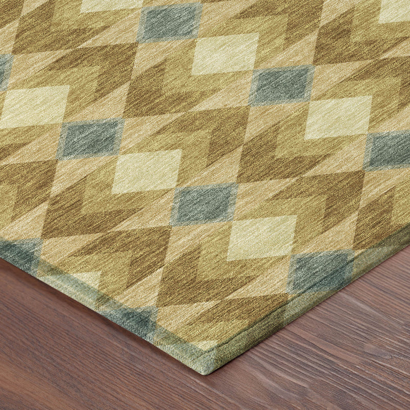 Geometric area rug with tan and brown squares and white diamonds, corner close-up.