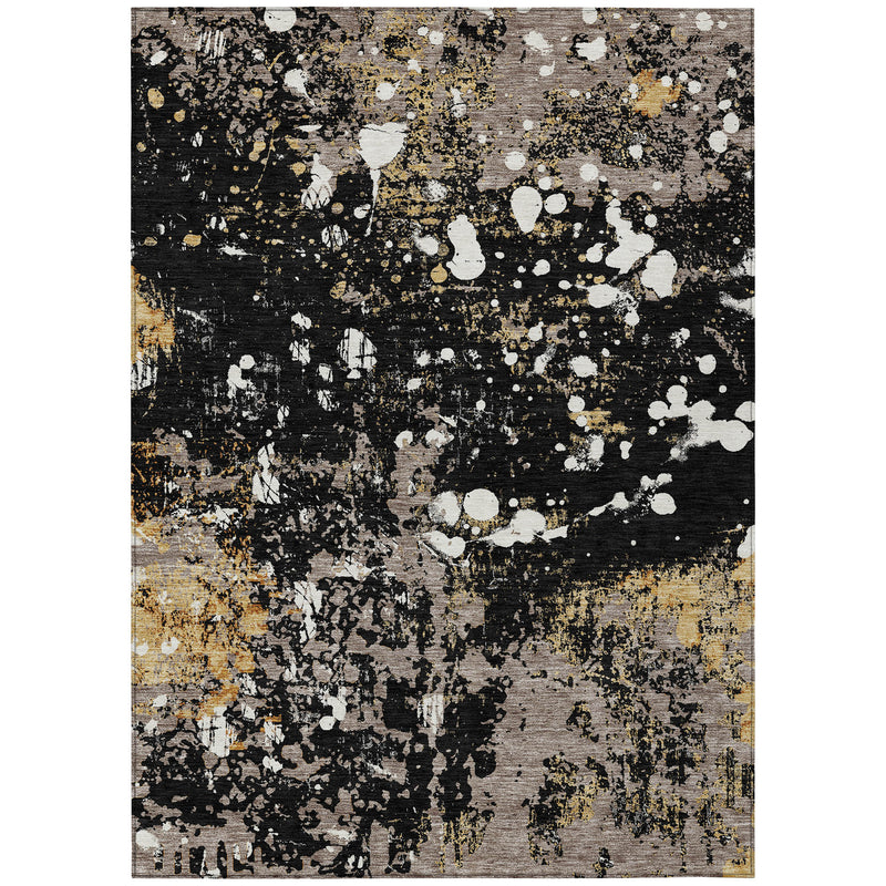 Abstract rectangular area rug with black background, silver-gray texture, gold highlights
