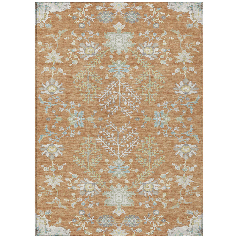 Copper-brown oriental area rug with ivory and light blue distressed floral design