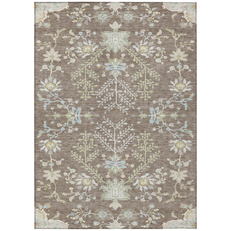 Rectangular taupe area rug with ivory, blue, and green floral medallion pattern