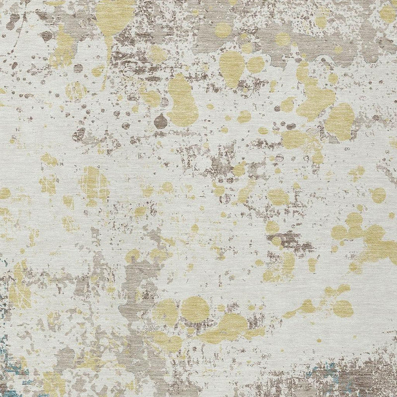 Ivory abstract rug close-up with beige, gray, yellow, and blue distressed mottled pattern