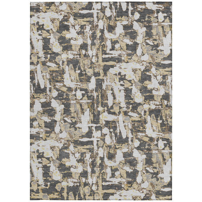 Abstract rectangular area rug with graphite gray, ivory, and distressed texture pattern