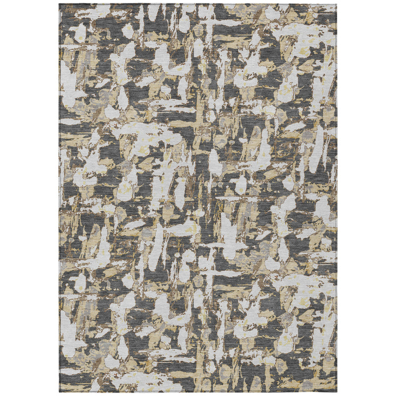 Front view of abstract indoor outdoor rug with graphite gray and ivory distressed design