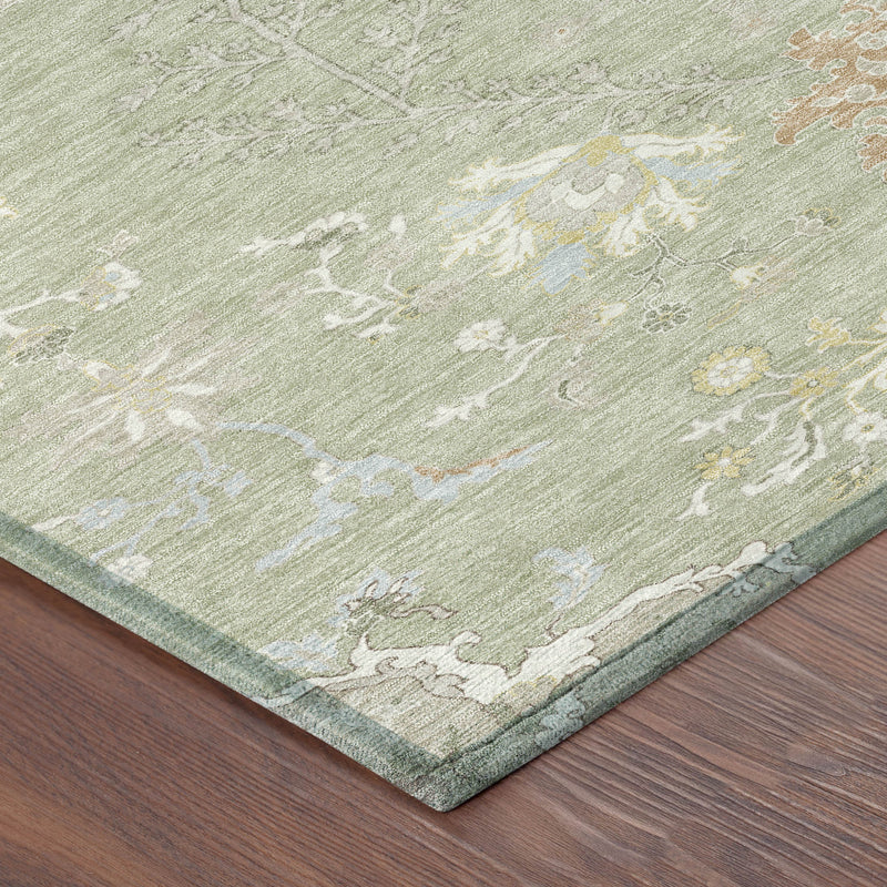 Corner view of green area rug with ivory vine and floral distress pattern and flat weave look