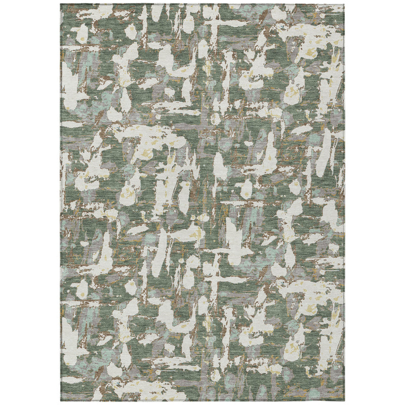 Full view area rug with distressed abstract pattern in green and beige with cream highlights