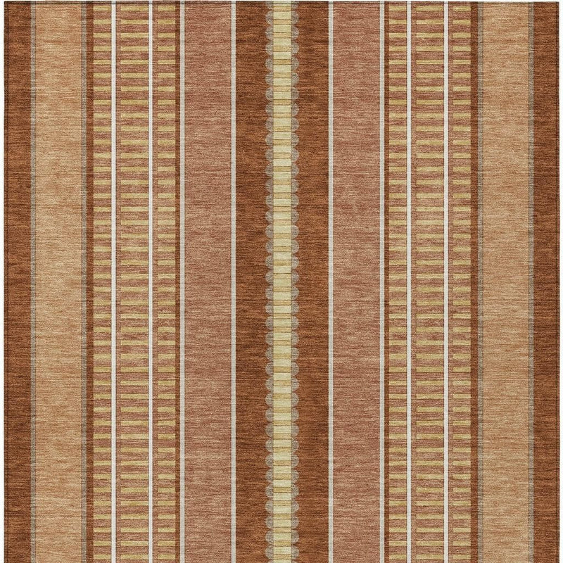 Striped area rug with warm orange-brown, gray, and cream vertical stripes