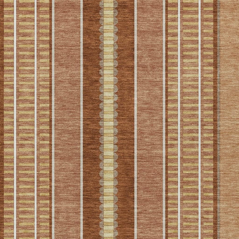 Close-up of striped rug pattern with cream and white lines over warm orange-brown
