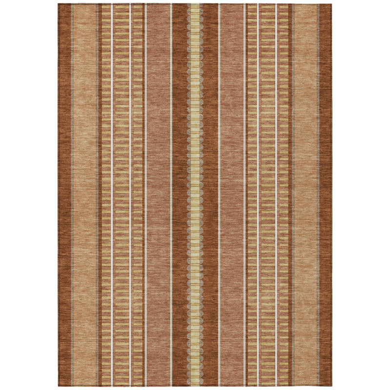 Striped area rug with orange-brown, gray, and cream vertical bands