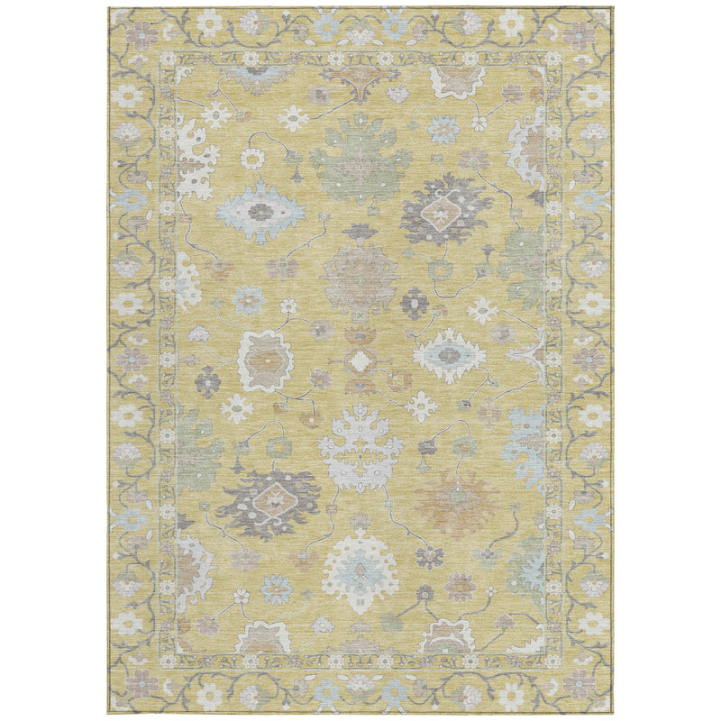 Wheat yellow oriental area rug with ivory and blue-gray decorative medallions