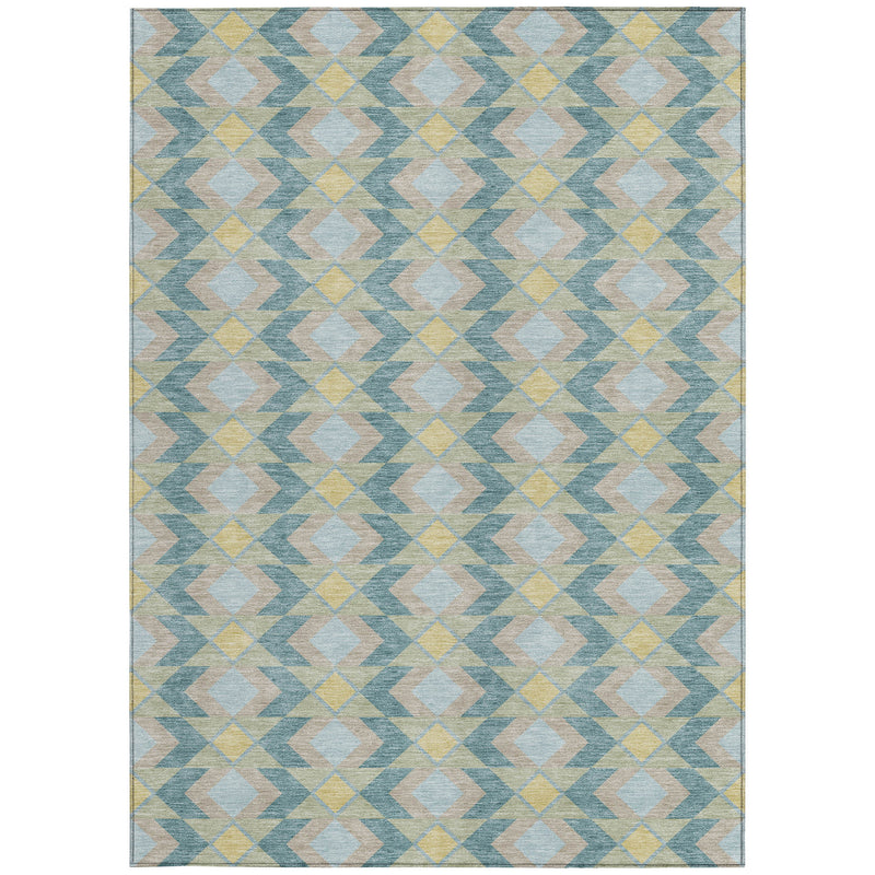 Front view of teal blue geometric area rug with cream and yellow diamond zigzag design