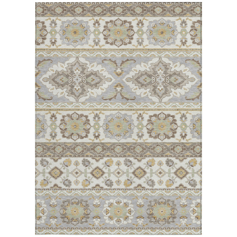 Full view of ivory and silver tribal area rug with layered ornate bands
