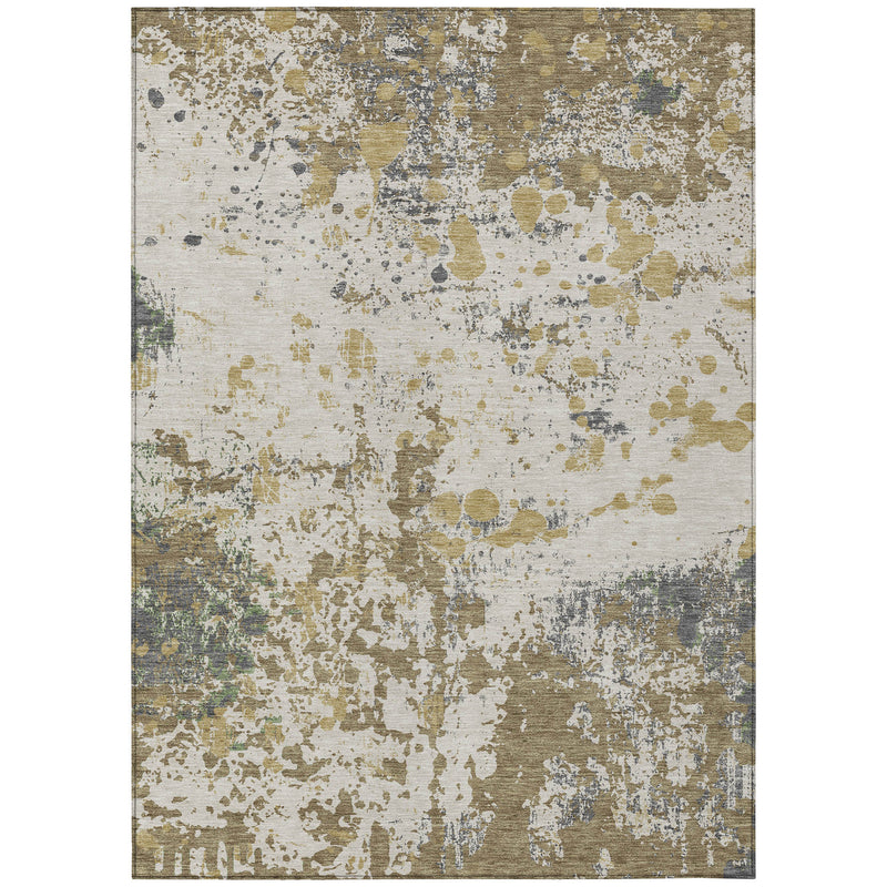 Ivory abstract area rug with distressed tan, olive, and gray blotches and specks