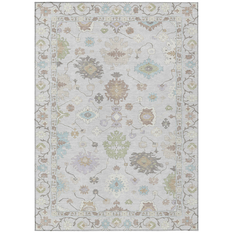 Light gray oriental area rug with distressed floral and medallion motif