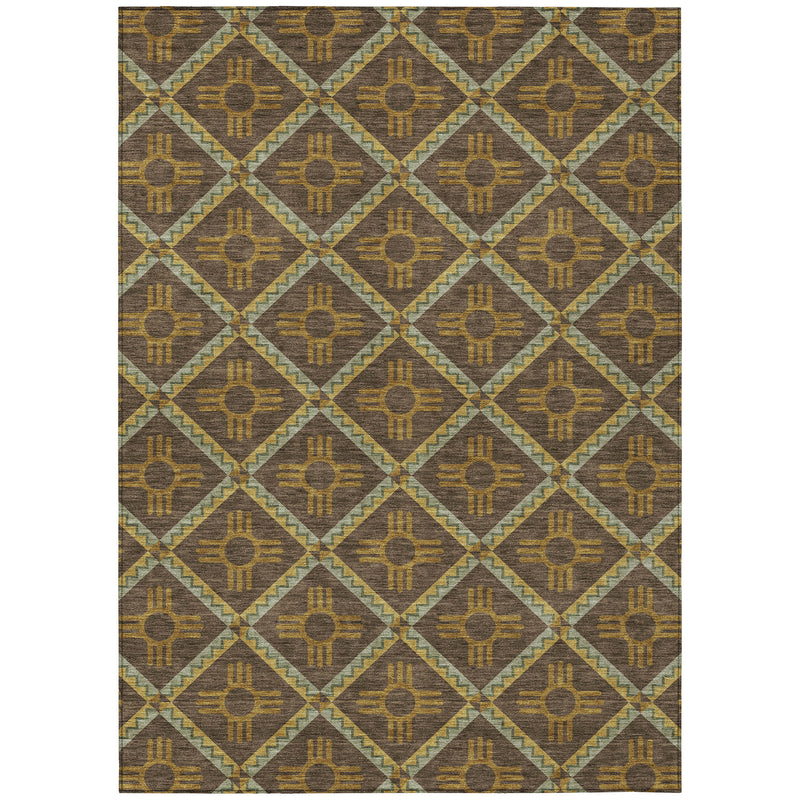 Chocolate and taupe area rug with mustard diamond and sunburst medallion pattern