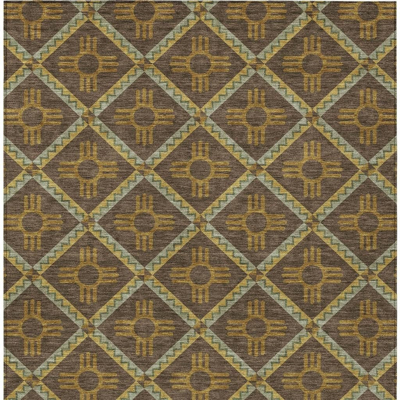 Geometric area rug with repeating diamond grid in chocolate, taupe, and mustard