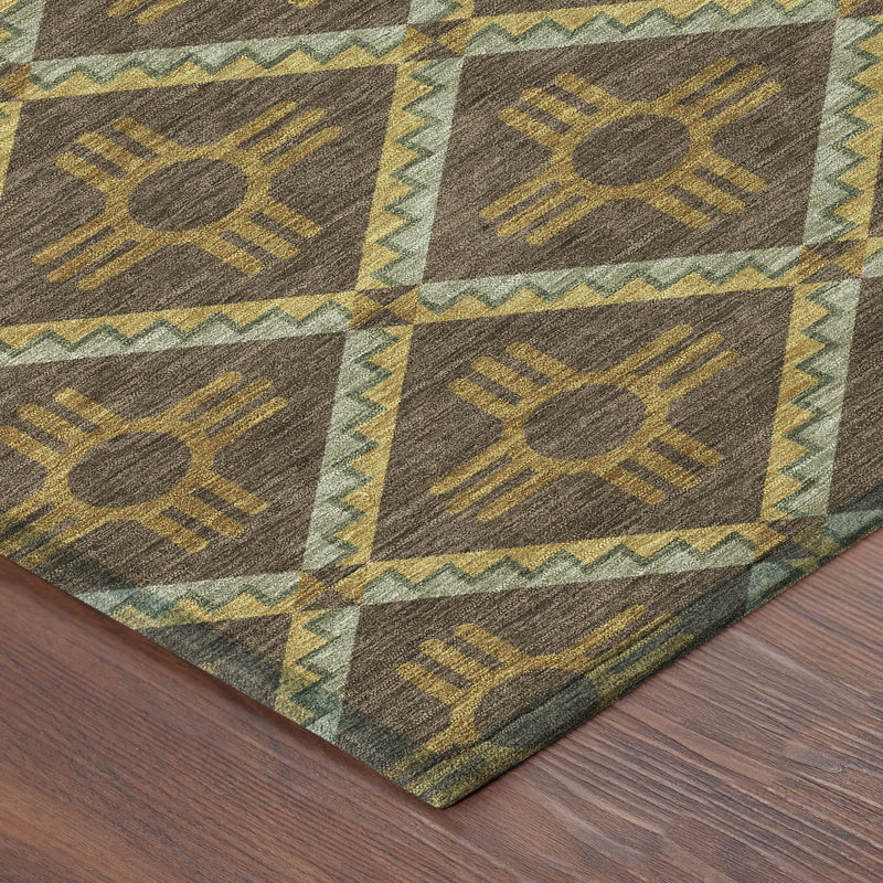 Corner view area rug with textured brown diamonds and taupe borders in mustard