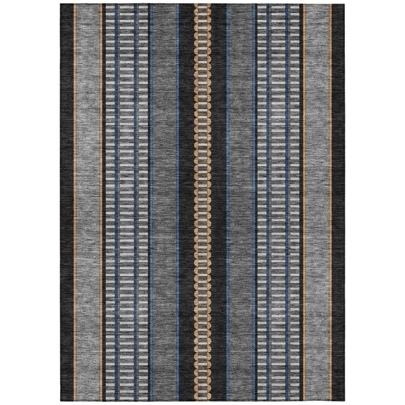 Striped indoor outdoor area rug with gray, blue, and copper center stripe on dark border