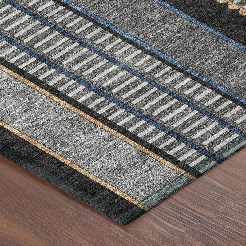 Corner view of striped area rug with gray base, blue stripe, and copper outlined border