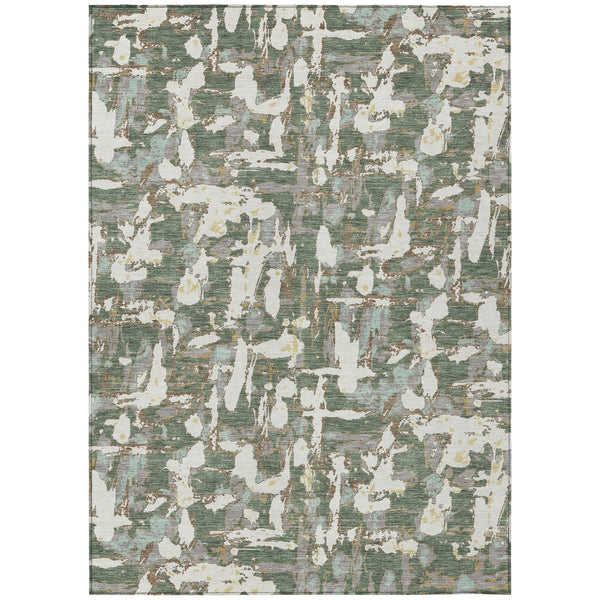 Green and beige abstract area rug with layered paint-stroke texture, rectangular