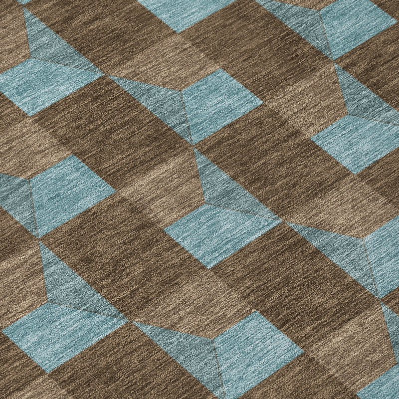 Chocolate and silver geometric area rug, 5x8 ft, close-up of repeating block design