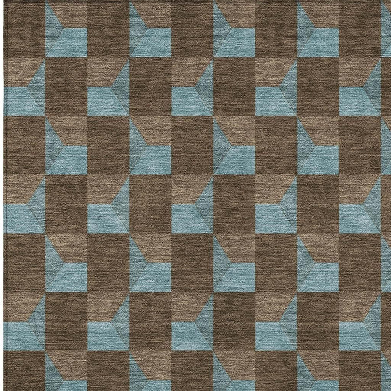 Chocolate and silver geometric area rug pattern, tight close-up of interlocking blocks