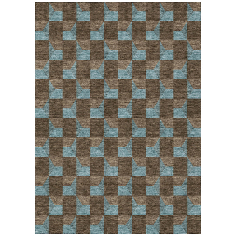 5x8 ft chocolate and silver geometric area rug, full top view with border