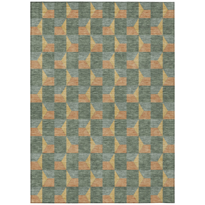Geometric area rug flat view with green-gray ground and orange, yellow interlocking blocks