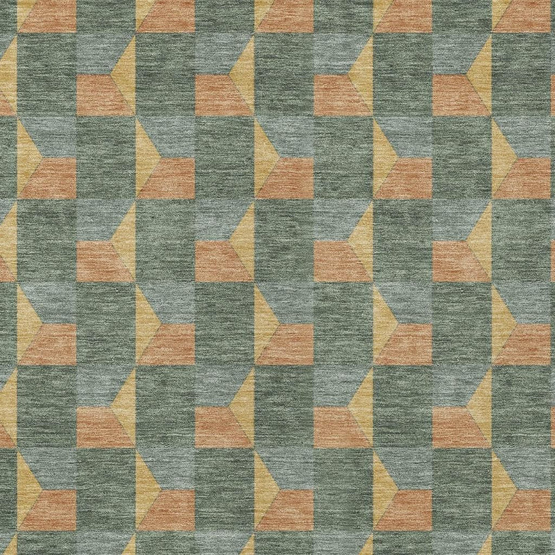 Geometric area rug with teal-green ground and orange, yellow interlocking blocks