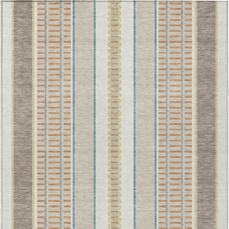 Ivory, teal, and tan vertical stripe washable area rug with decorative center bands