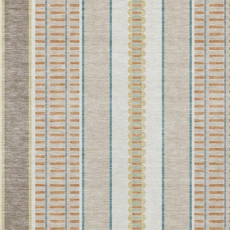 Ivory and teal vertical striped washable area rug with tan textured stripe details
