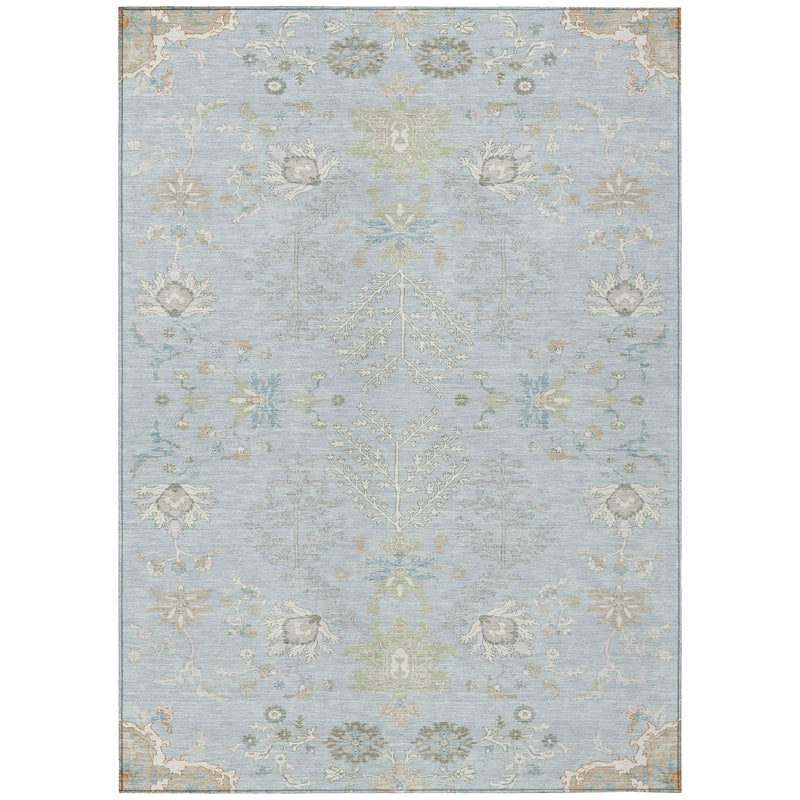 Sky blue oriental area rug with ivory floral medallions and border trim