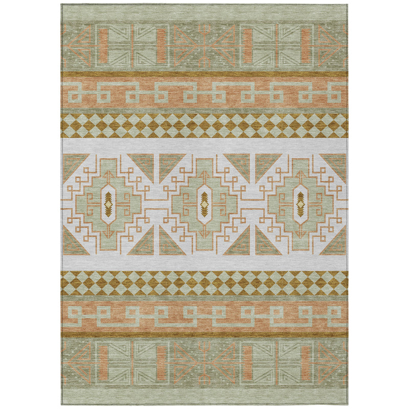 Full view of green and teal tribal patterned area rug with central diamond motif